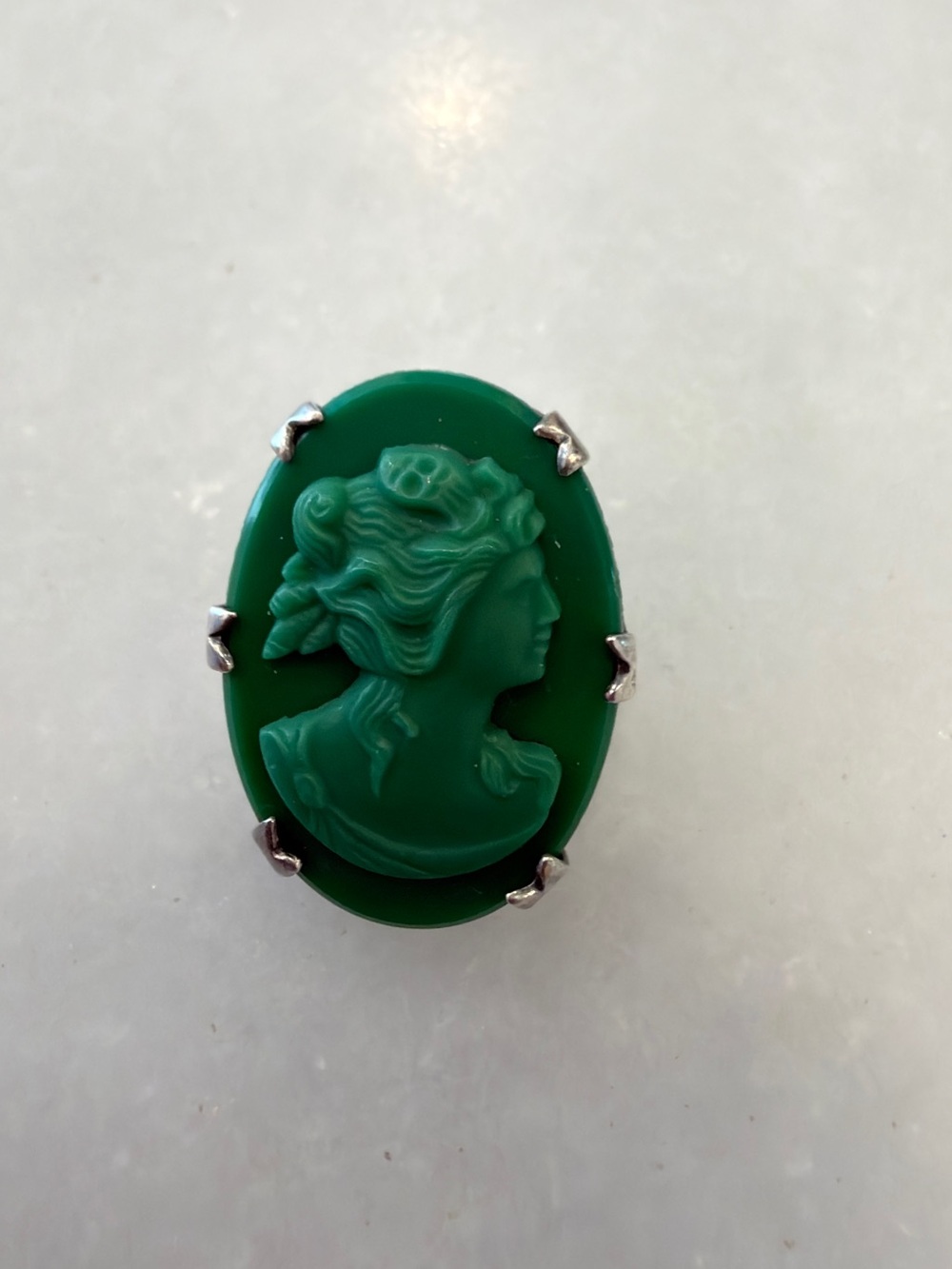 VINTAGE ART NOUVEAU 925 STERLING SILVER GREEN GLASS CAMEO BROOCH PIN